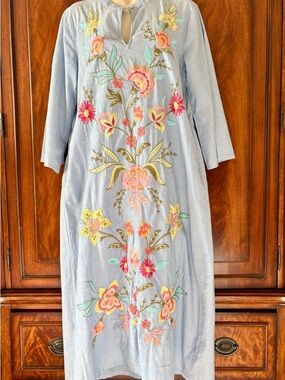 Johnny Was Light Blue Maxi Dress with Multicolor Floral Embroidery